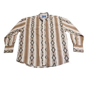 Wrangler Western Shirt Men's Size XL Pearl Snap Aztec Navajo Brown Tan Vintage